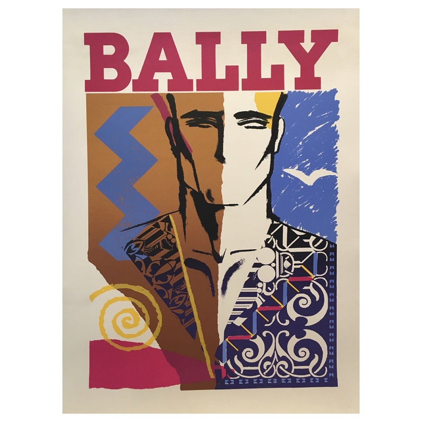 Affiche vintage originale Bally, visage d'homme, 1979 en vente