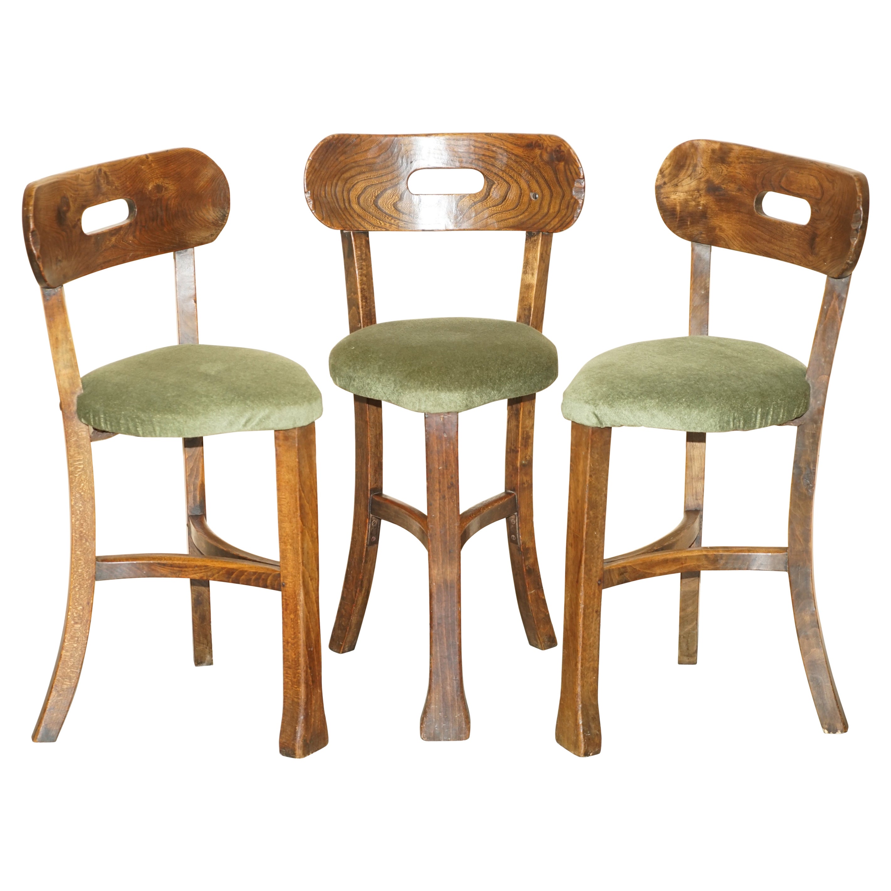 Three Antique Primative Solid Elm Arts & Crafts Cock Fighting Chairs / Stools For Sale