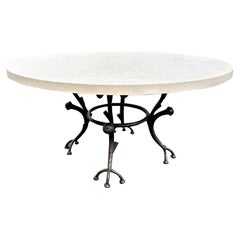 Vintage Large Round Carved Stone & Iron Garden Patio Dining Table Giacometti Style LA CA