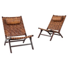 Vintage Scandinavian Wooden and Leather Lounge Chairs, a Pair