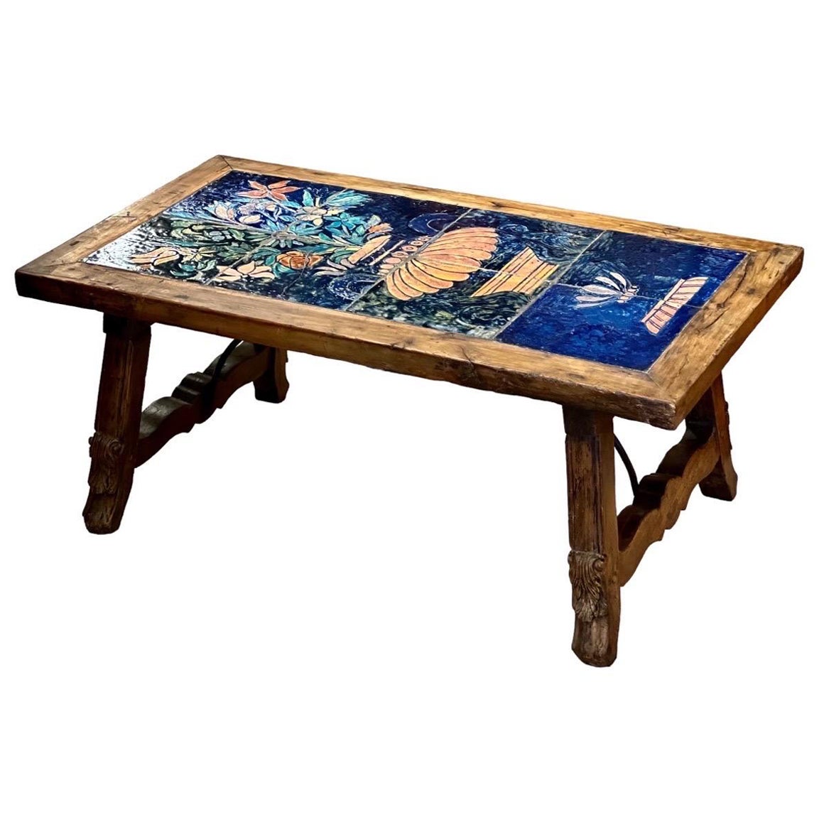 Table basse ancienne Stand avec plateau en carreaux de faïence