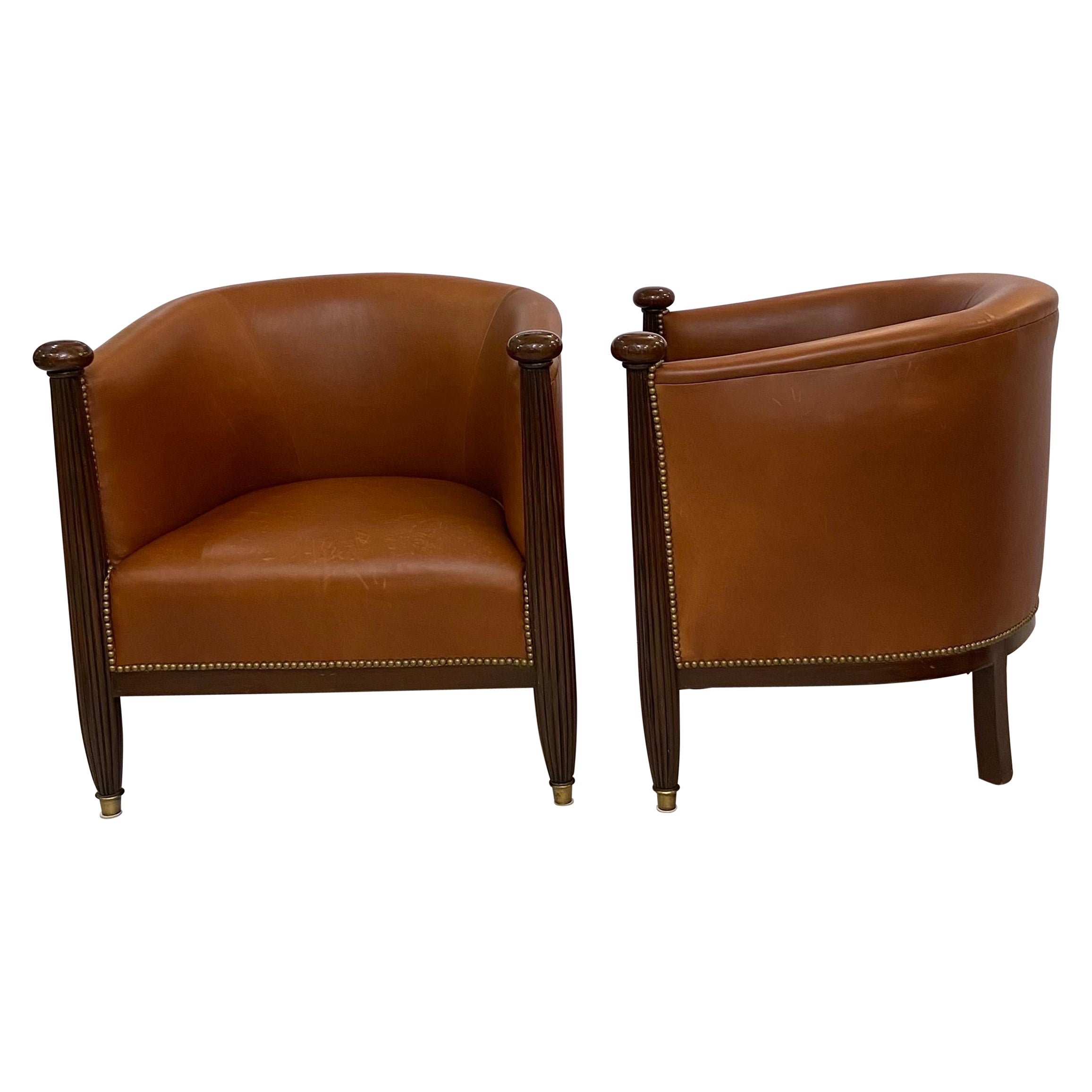Pair of French Art Deco Mahogany Barrel Chairs Upholstered in Fine Leather 