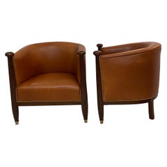 Antique Pair of French Art Deco Mahogany Barrel Chairs Upholstered in Fine Leather 