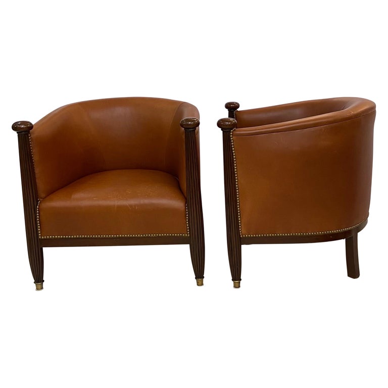 Pair of French Art Deco Mahogany Barrel Chairs Upholstered in Fine