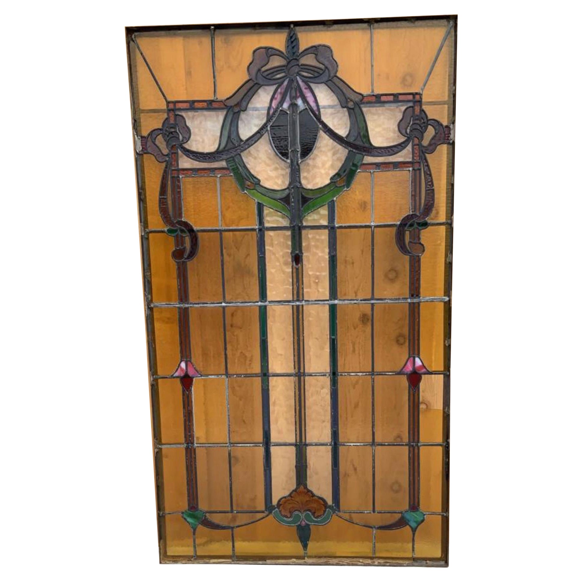 Antique Wrought Iron Framed Stained Glass Window / Door For Sale