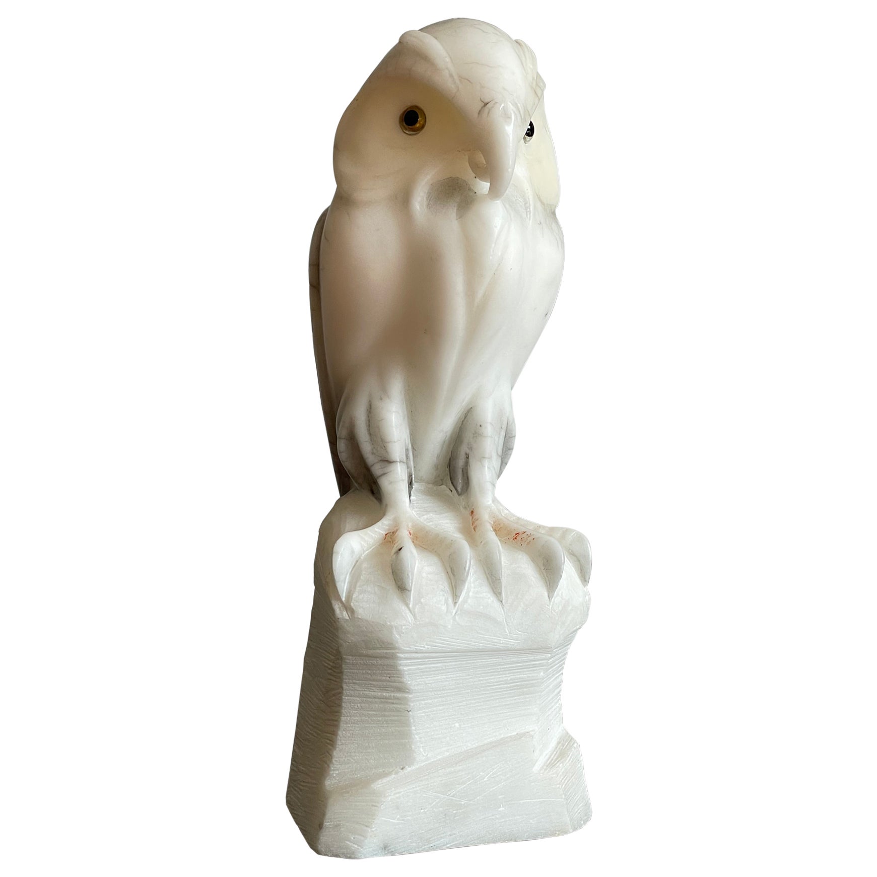 Midcentury Hand Carved Alabaster Owl Sculpture Also Symbol for Wisdom & Learning For Sale