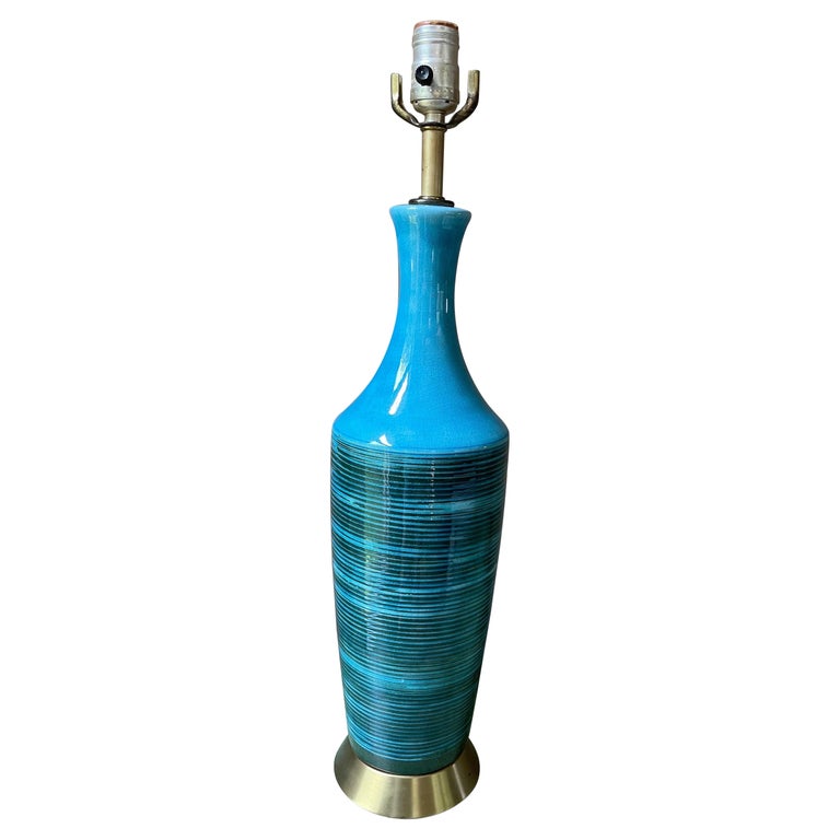 Blue Green Ribbed Midcentury Ceramic Table Lamp For Sale at 1stDibs