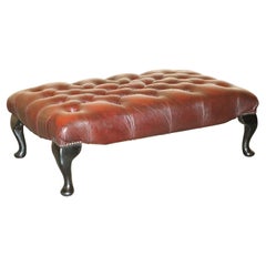 Large Vintage Oxblood Leather 2 Person Footstool with Chesterfield Tufting