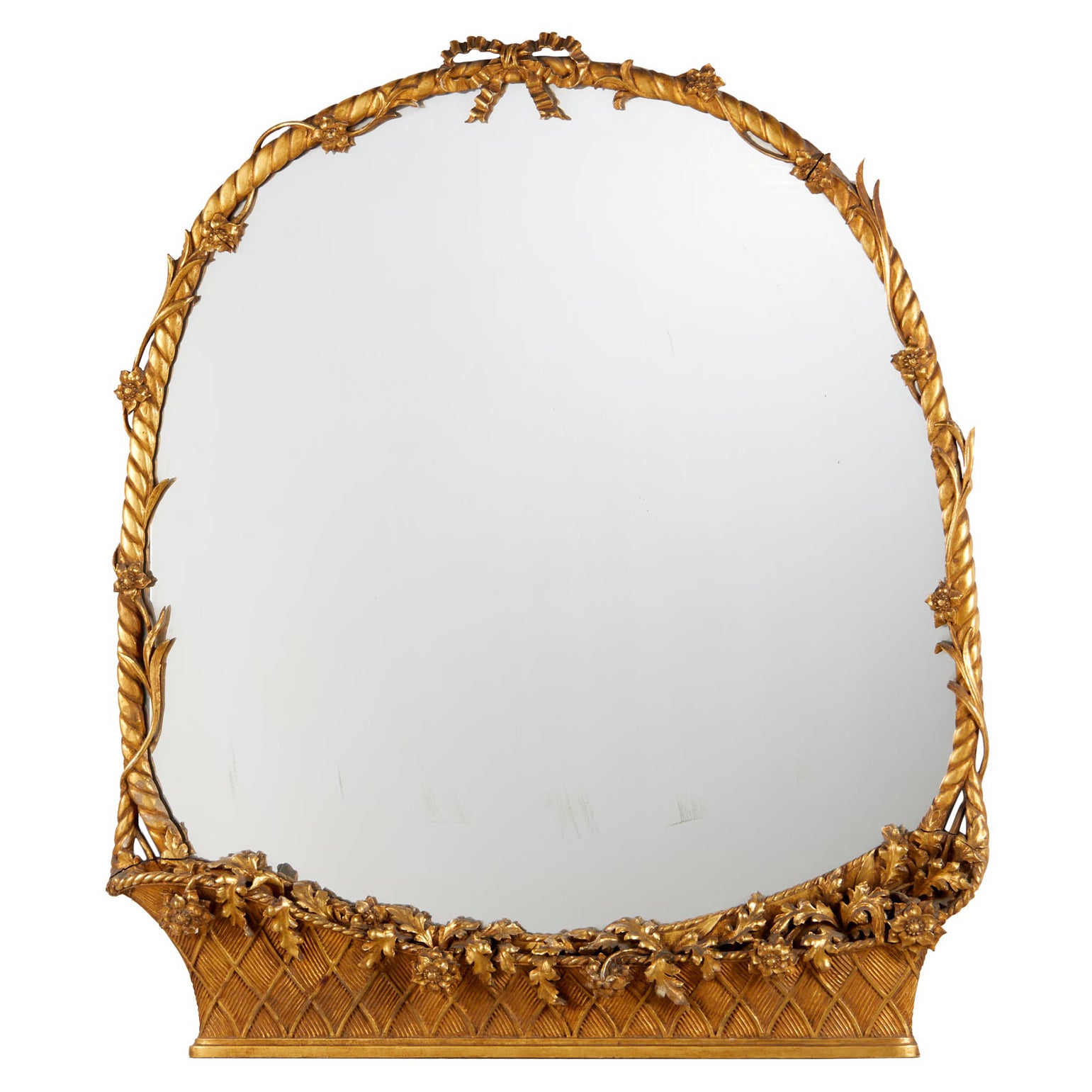 Vintage Louis XVI Style Italian Giltwood Wall Mirror in Floral Basket Form For Sale