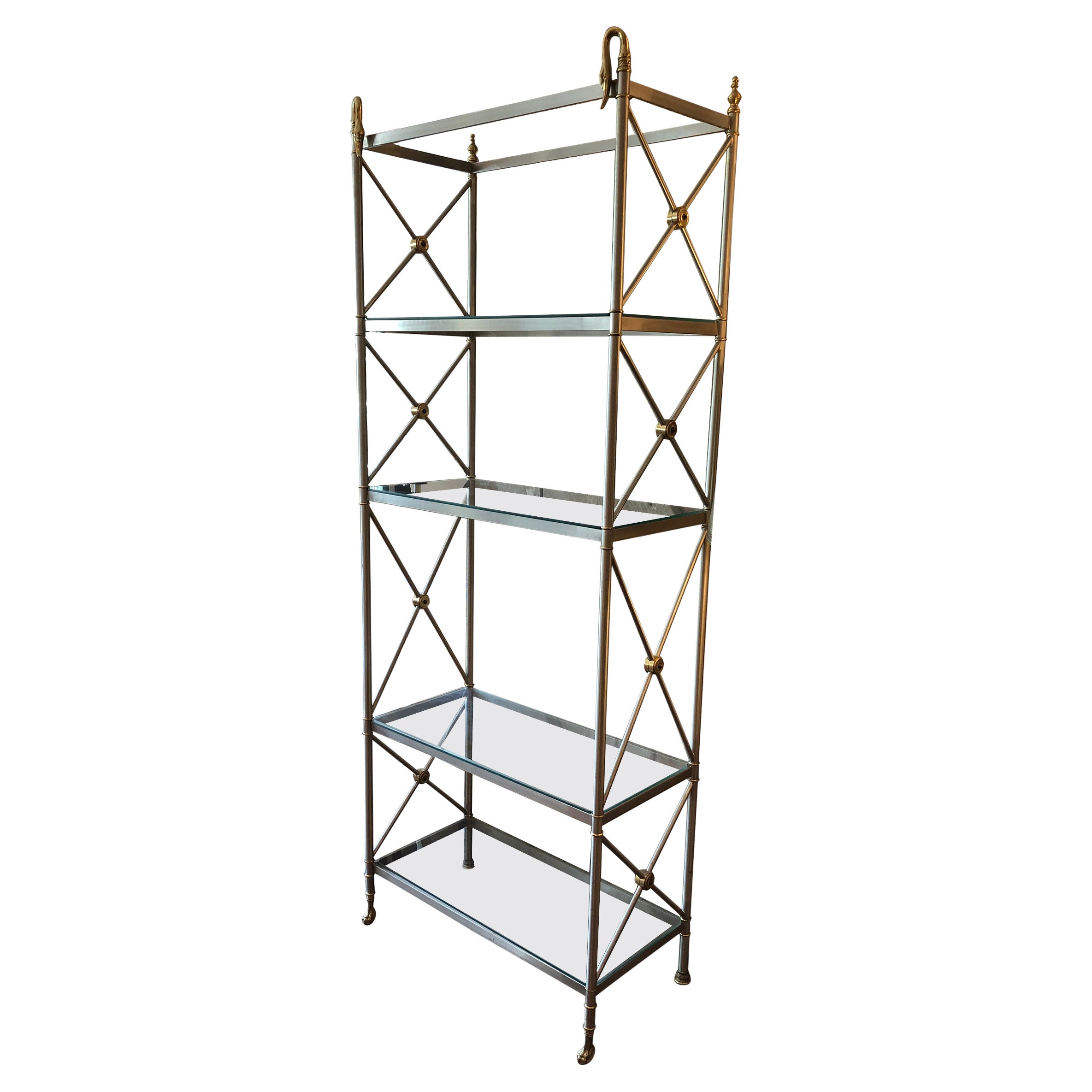 Hollywood Regency Mixed Steel & Brass Etagere Bookcase Shelves with Swan Finials