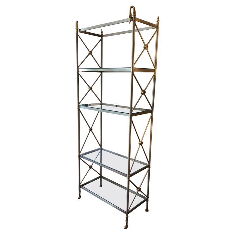 Hollywood Regency Mixed Steel and Brass Etagere Bookcase Shelves