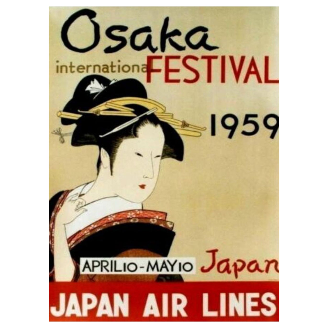 Affiche rétro originale du Festival international d'Osaka, Japan Air Lines, 1959