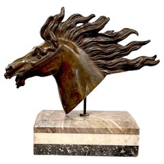 Antique Italian 18th C Grand Tour Roman Bronze  Bust of a Horse, Specimen Marble Base