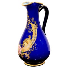 Antique Magnificent French Cobalt Gilt Enameled Ewer, Bird of Paradise in Landscape 