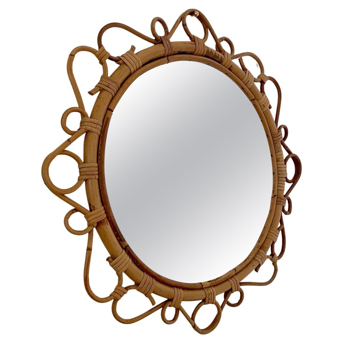 French Rattan Circular Wall Mirror For Sale