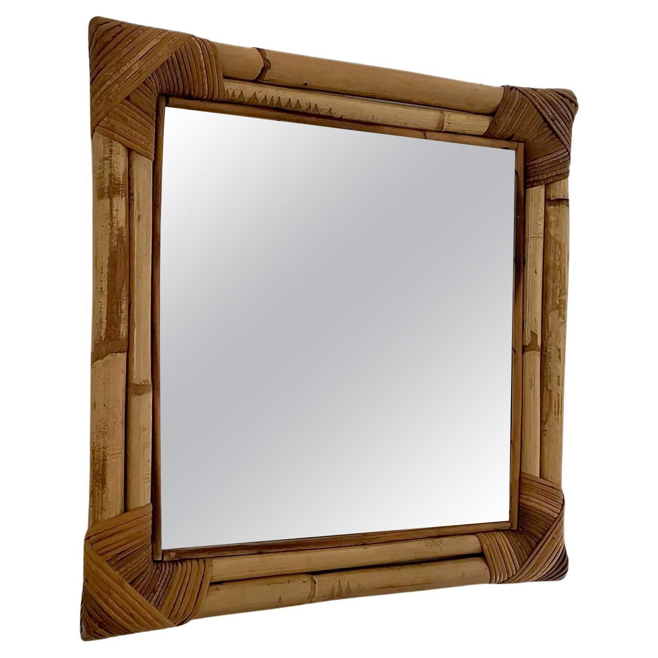 French Bamboo & Rattan Square Wall Mirror