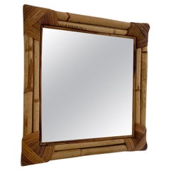 Vintage French Bamboo & Rattan Square Wall Mirror