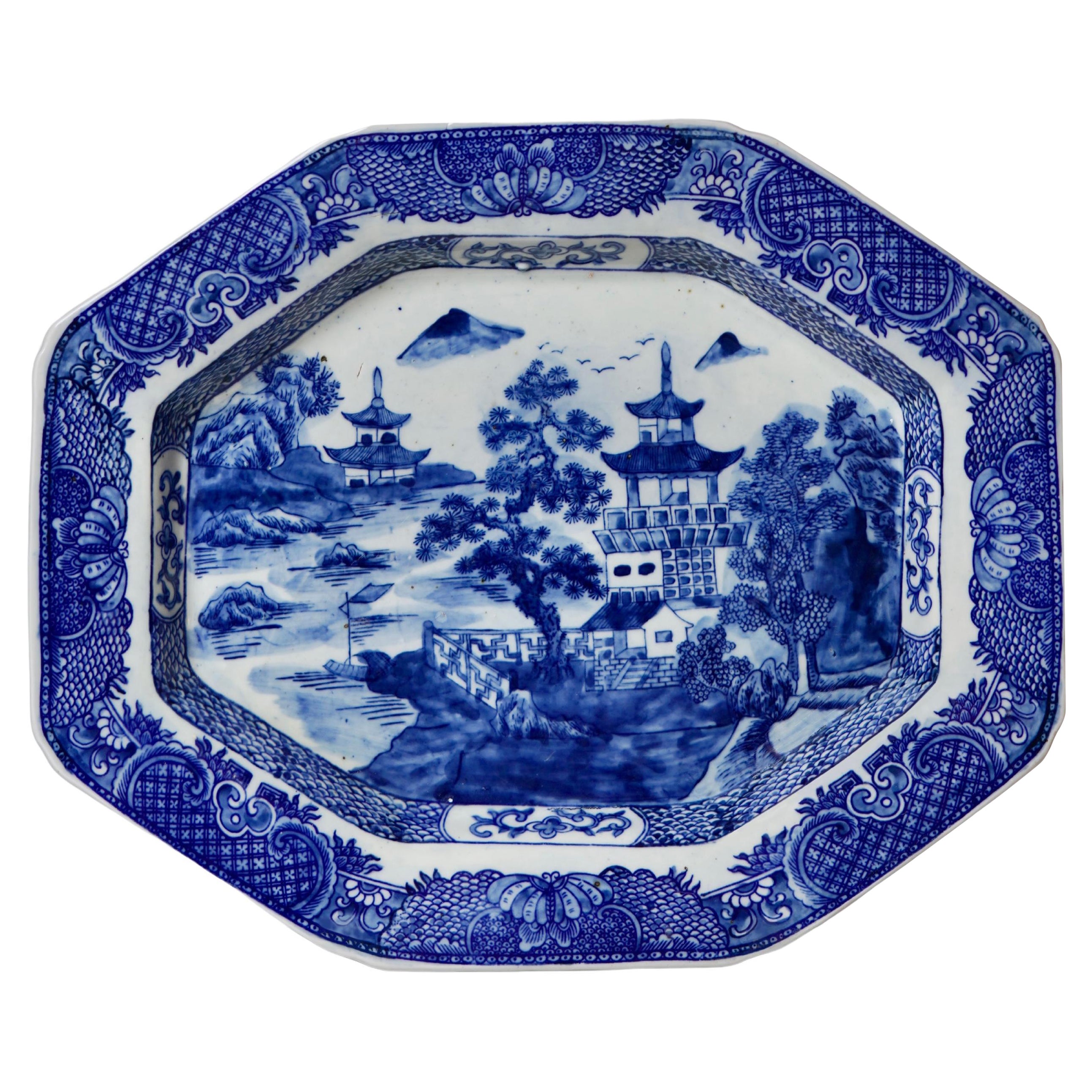 Large Blue and White Willow Ware Octagonal Porcelain Platter For Sale