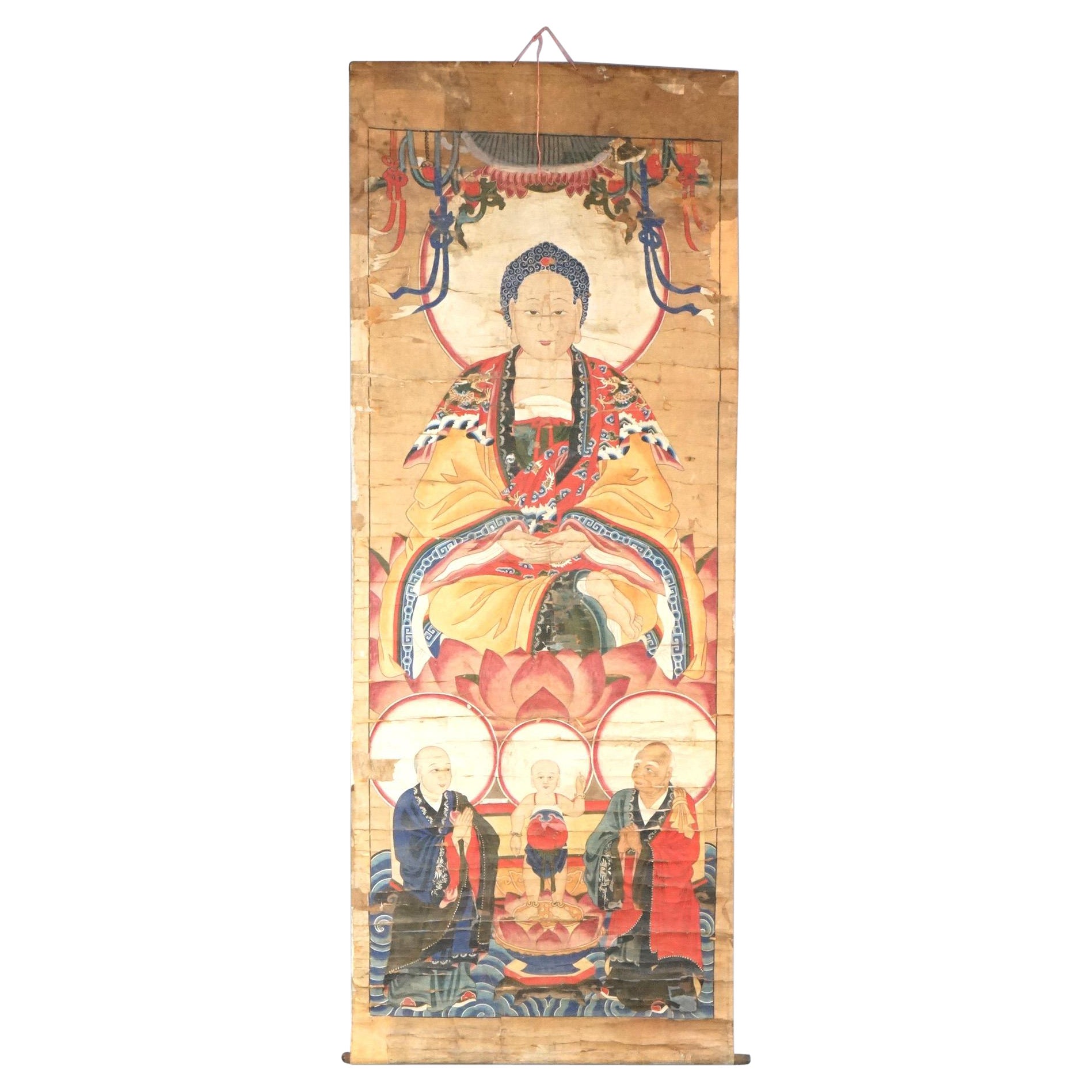 Large Antique Chinese Deity Scroll Painting 19th C For Sale