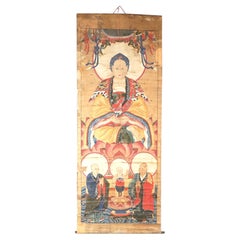 Grande peinture chinoise ancienne sur rouleau représentant une divinité, 19e siècle