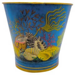 Antique Italian Toleware Waste Basket or Trash Can With Oceanic Sea Life Theme