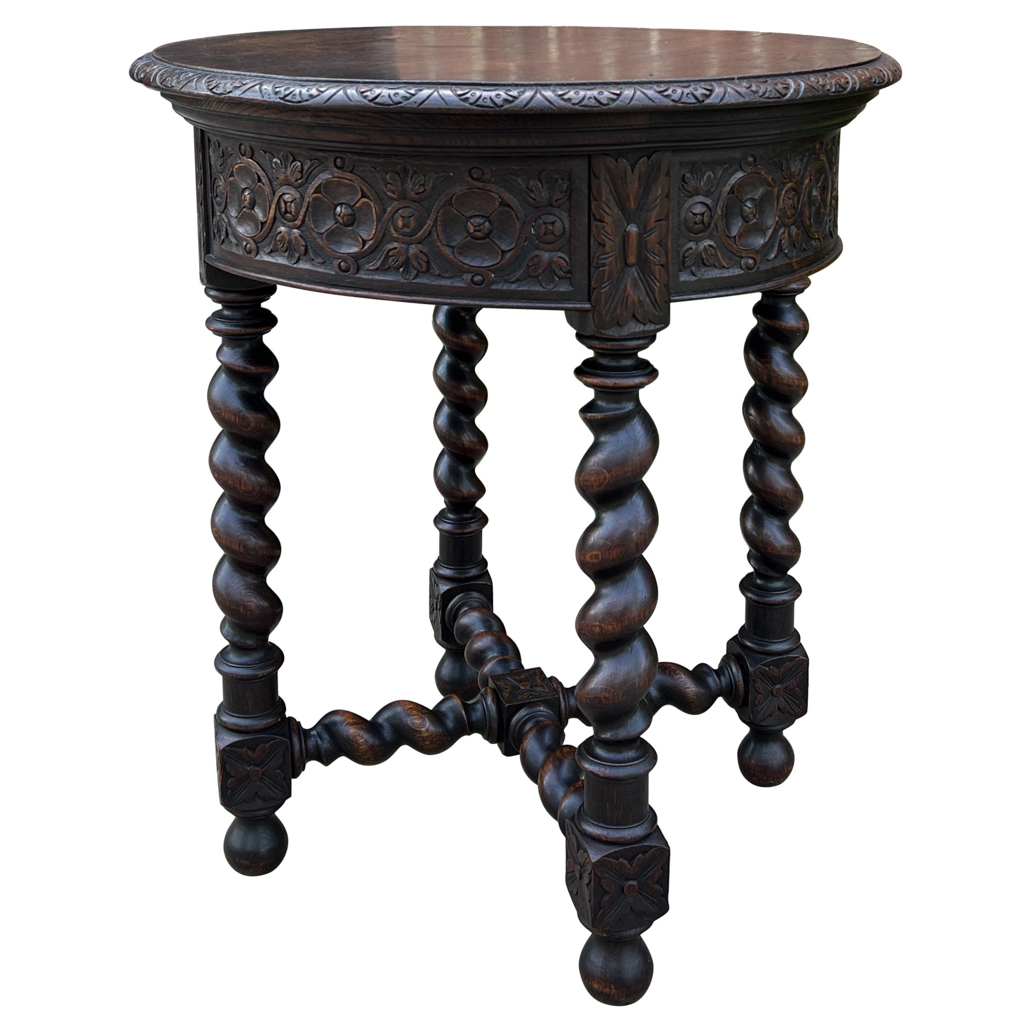 Antique French ROUND Side End Table BARLEY TWIST intagliato in Oak Renaissance 19° sec.