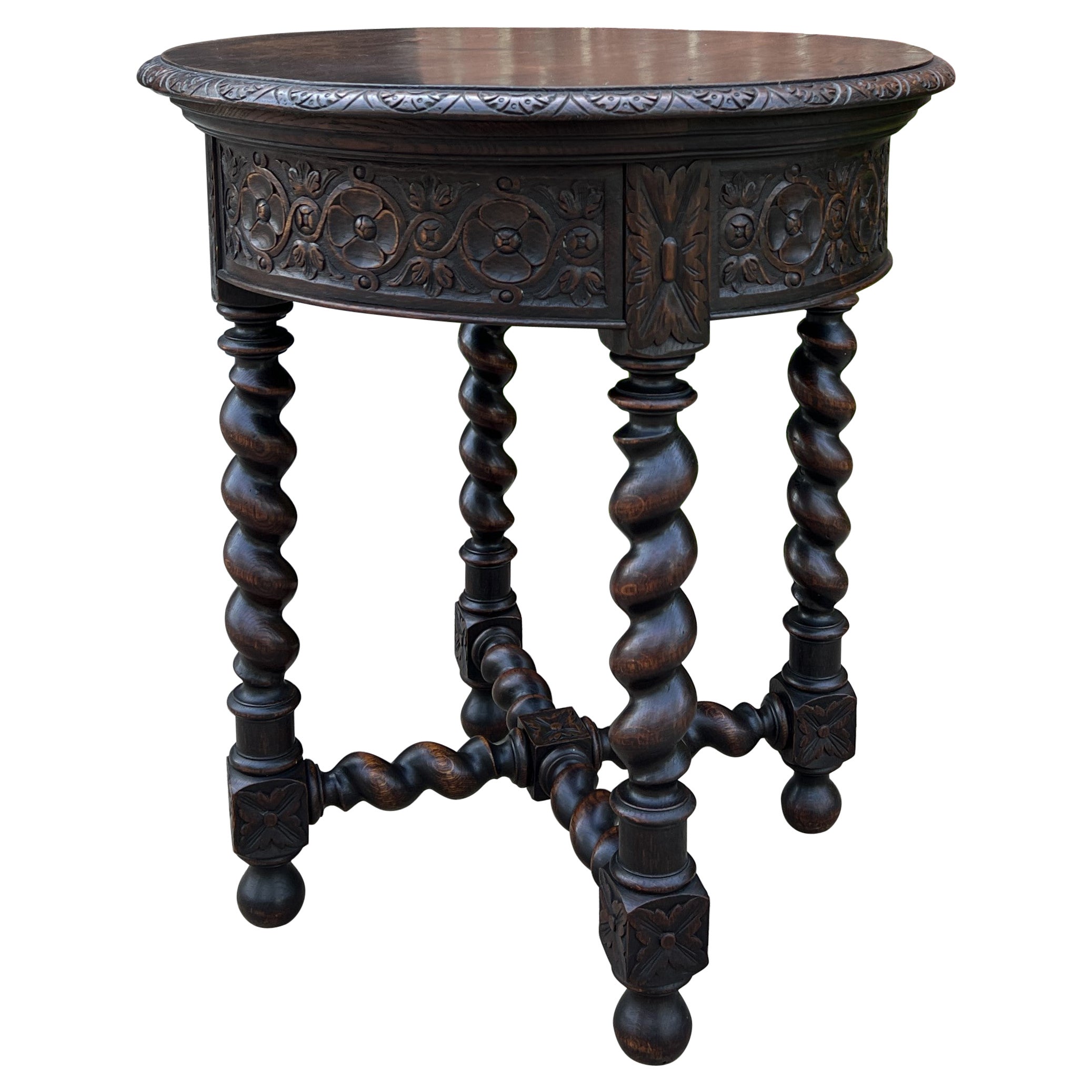 Antique French Round Side End Table Barley Twist Carved Oak Renaissance 19th C For Sale