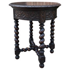 Antique French Round Side End Table Barley Twist Carved Oak Renaissance 19th C