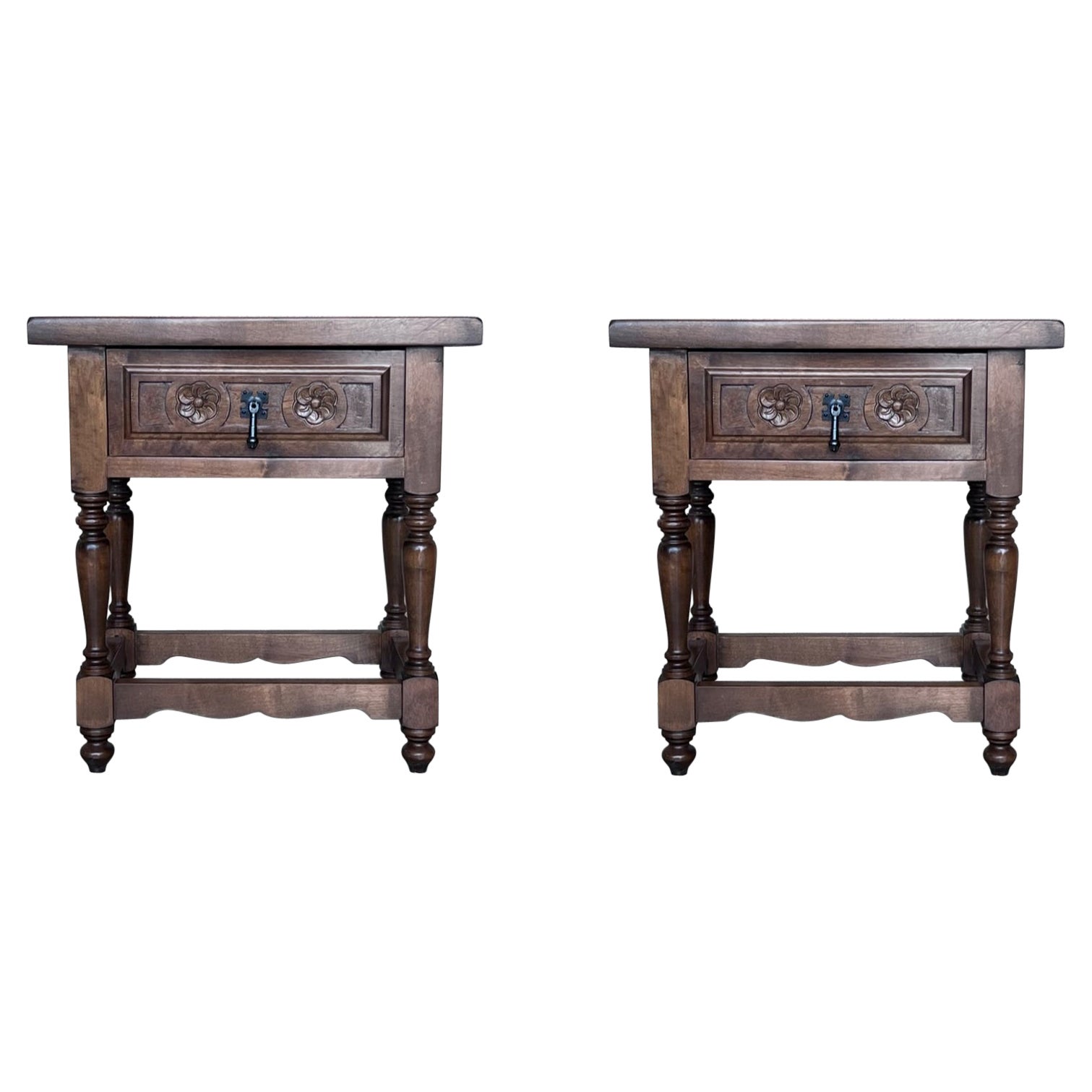 20th Pair of Spanish Nightstands with Carved Drawer For Sale
