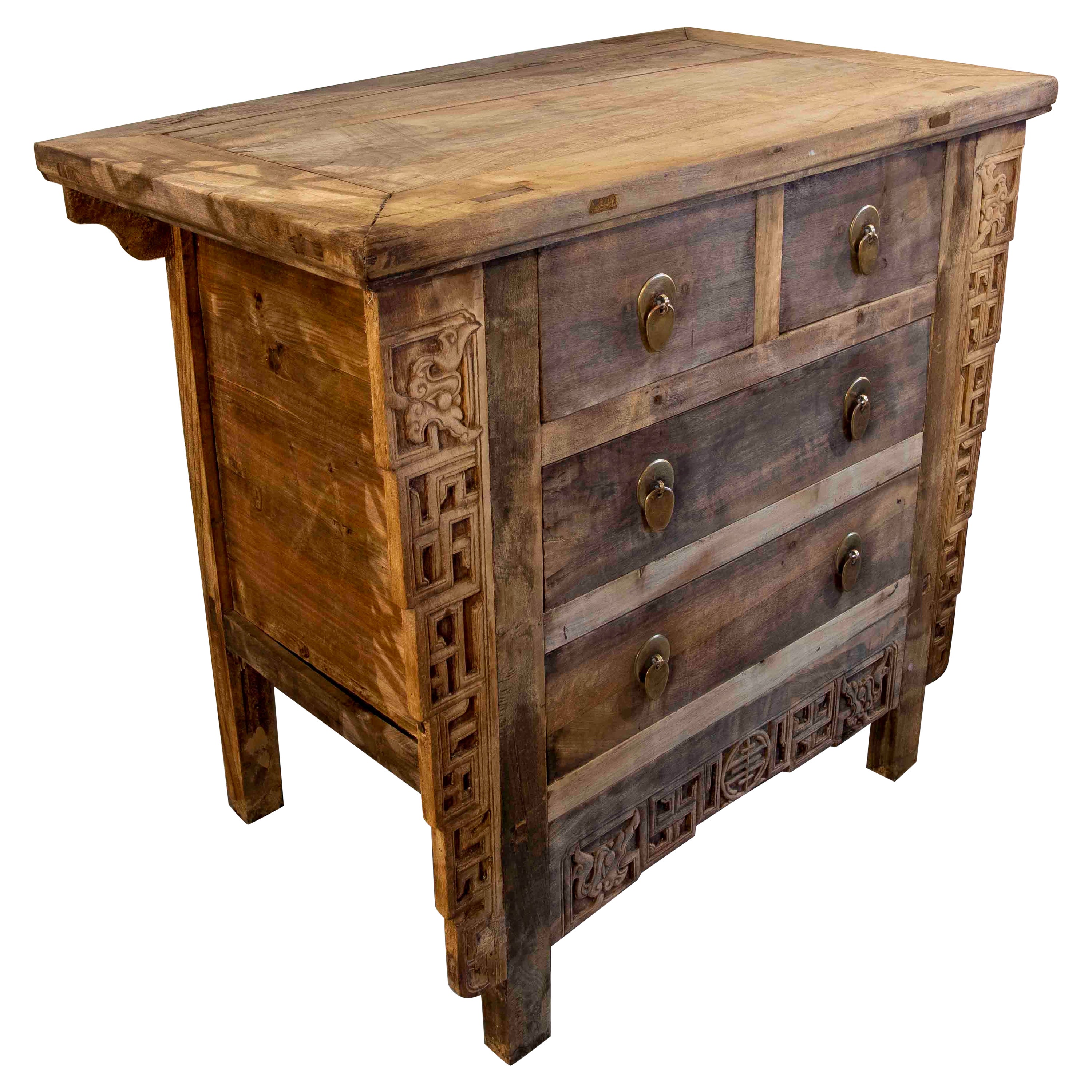 Oriental Chest with Elm Drawers in the Colour of the Wood with Bronze Pulls For Sale