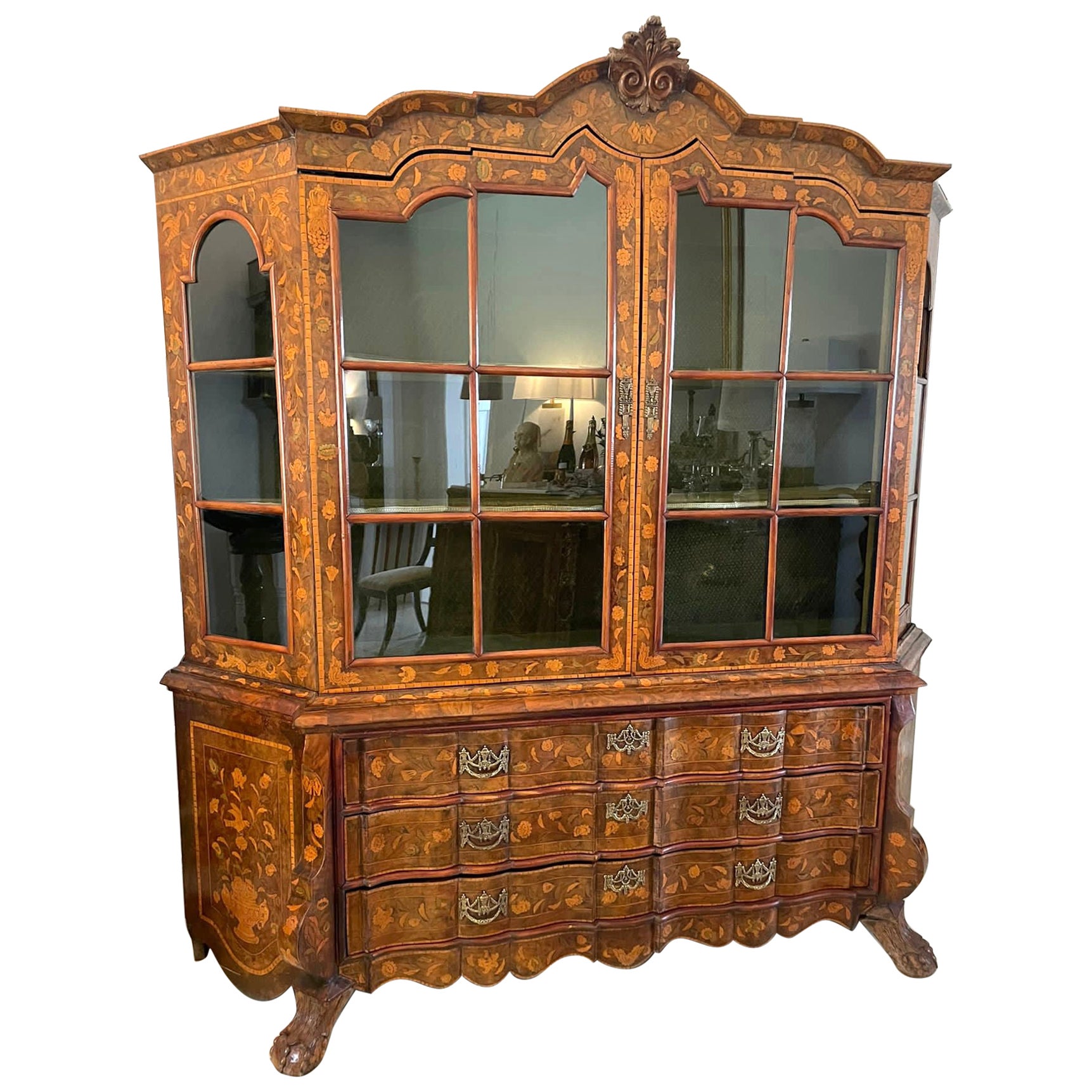 Extremely Large Antique Burr Walnut Floral Marquetry Inlaid Display Cabinet For Sale