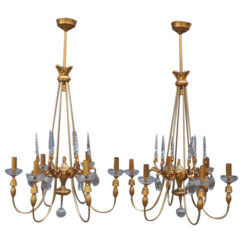 Pair of Midcentury French Chandeliers in Crystal Maison Jansen 24kt Gold For Sale
