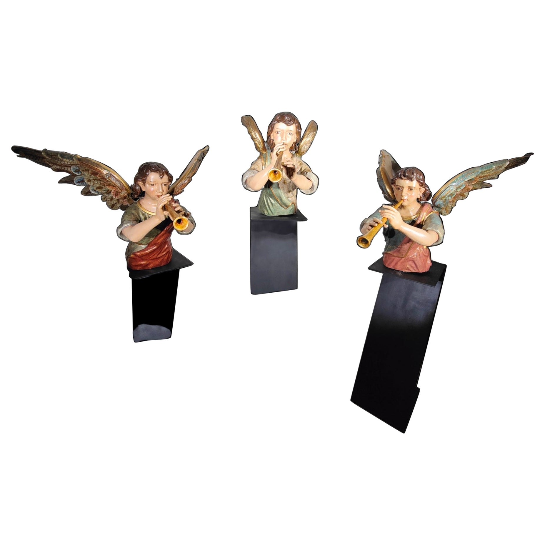 3 Important Carved, Gilded and Polychrome Wood Angels from the 17th Century  For Sale