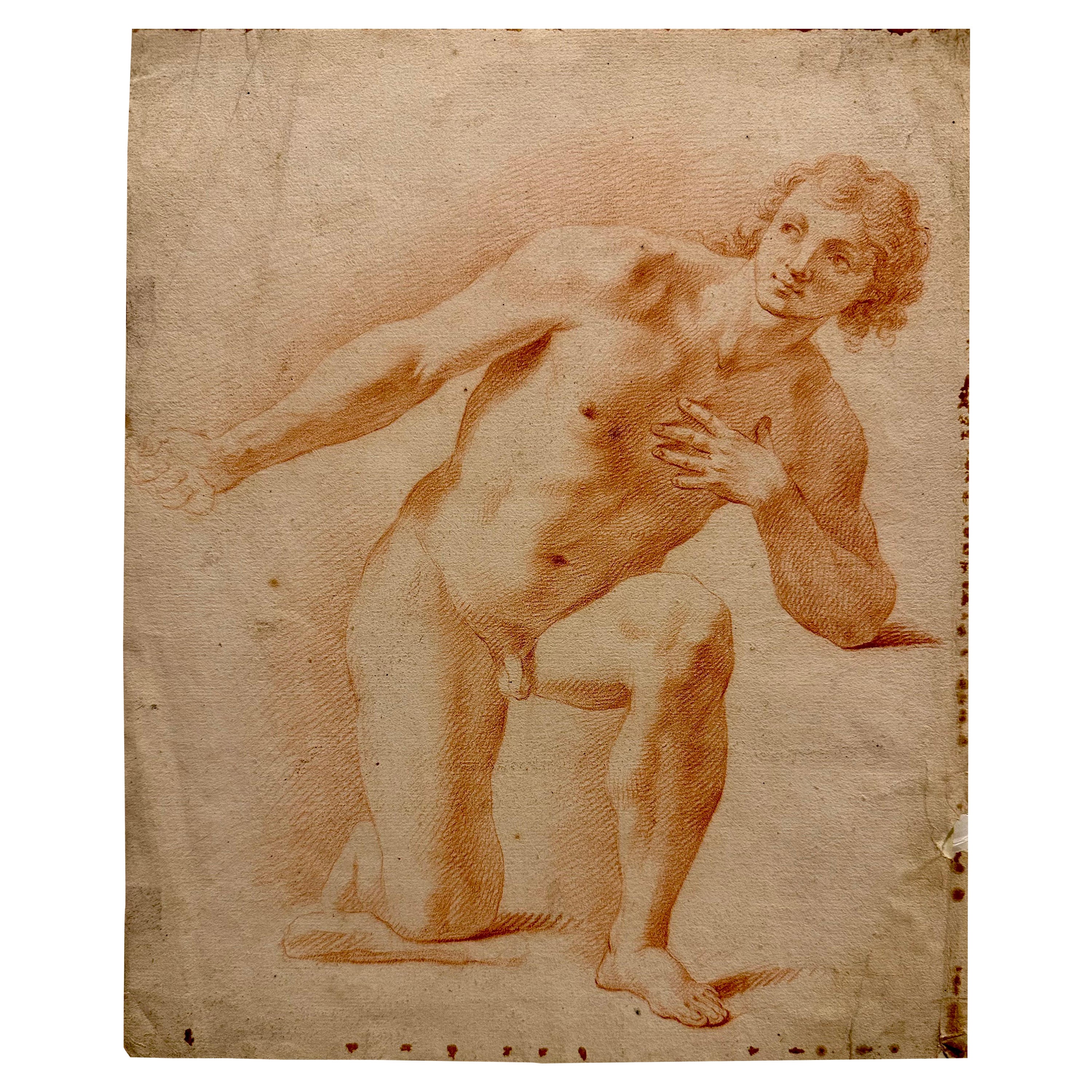 Italian Bolognese 17th C. Red Chalk Drawing of a Kneeling Young Man, circa 1680 For Sale