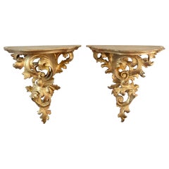 Italian Rococo Giltwood Wall Sconce Shelves, Pair