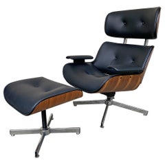 Midcentury Selig Lounge Chair & Ottoman Eames Style, Teak & Black Leather