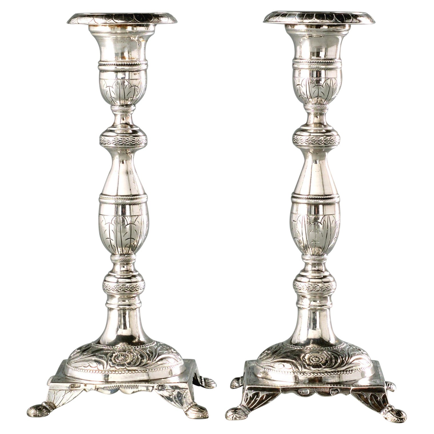 Very Good Pair of 19th Century Cast Portuguese Silver Shabbat Candlesticks