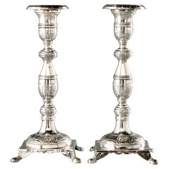 A Very Good Pair of 19th Century Cast Portuguese Silver Shabbat Candlesticks 