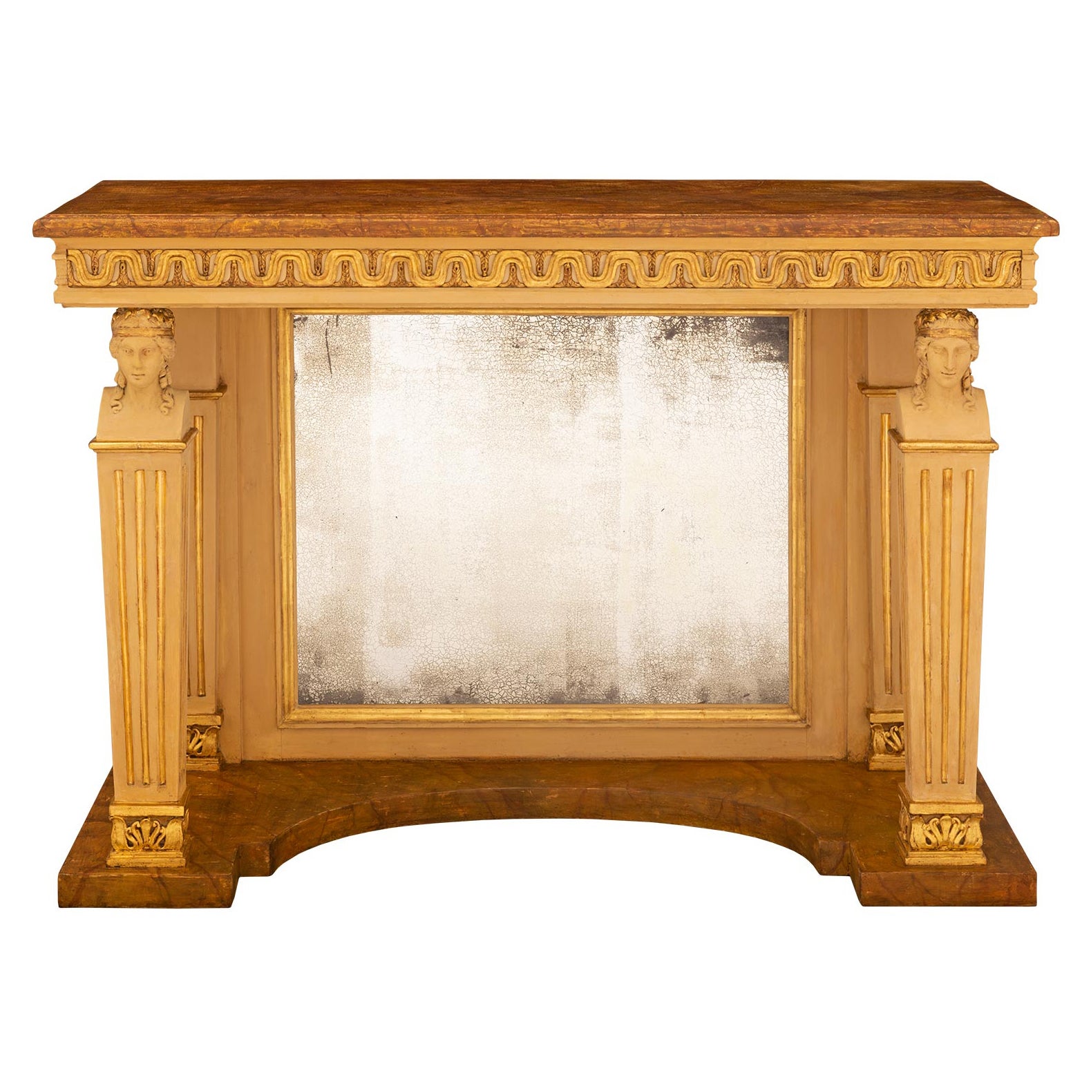 Console italienne néoclassique du 19ème siècle en bois doré et faux marbre en vente