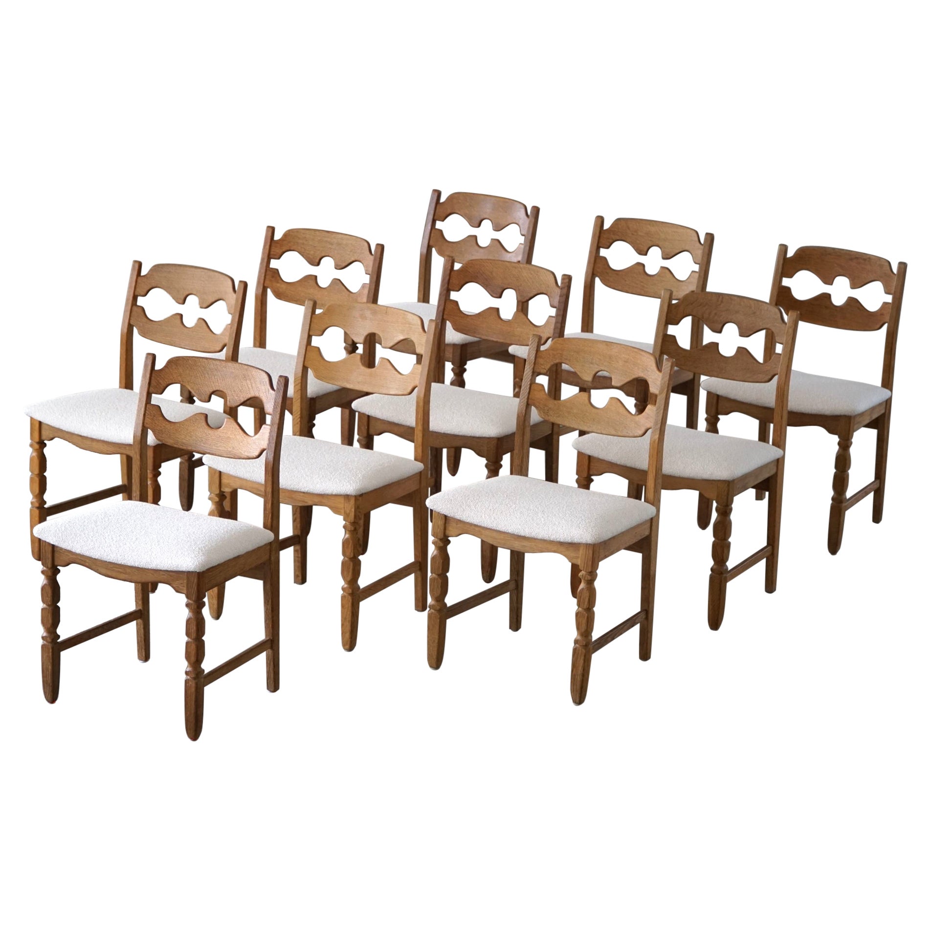 Set of 10 Henning Kjærnulf "Razorblade" Chairs in Oak & Bouclé, 1960s
