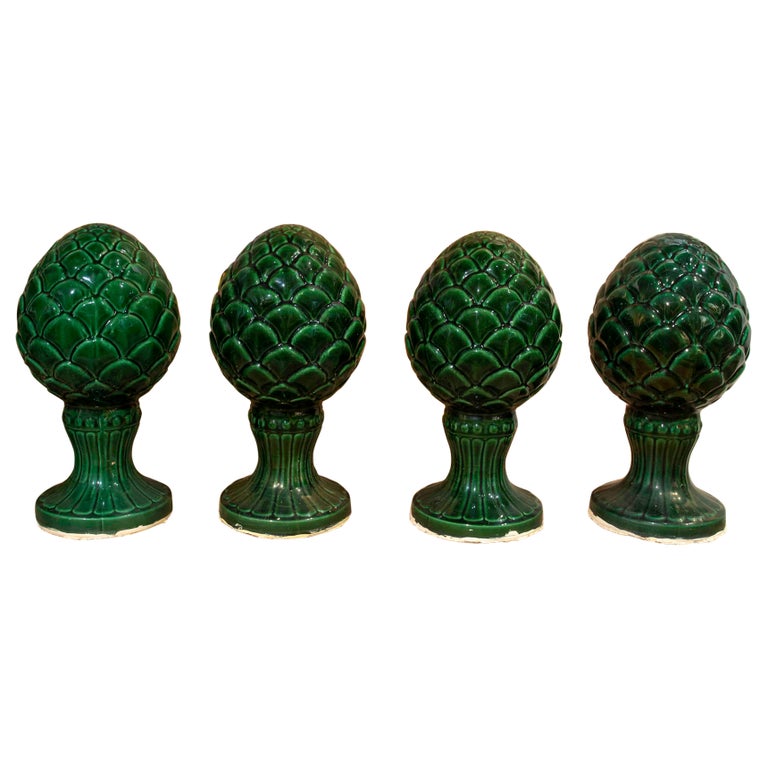 Set of Four Green Glazed Ceramic Finials in the Shape of Pineapples For