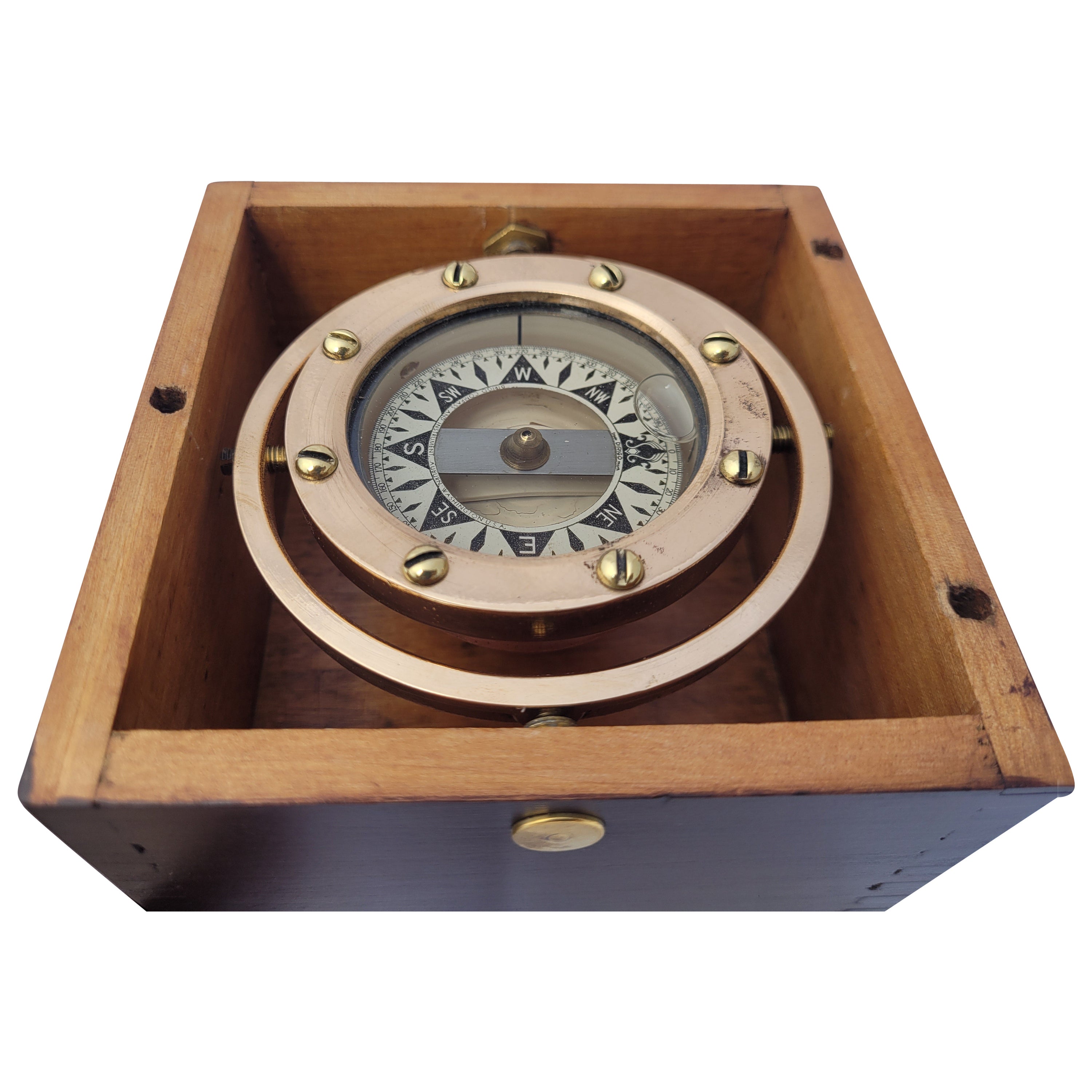 Bootskompass aus Messing in lackierter Holzbox im Angebot