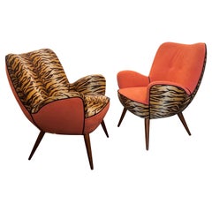 Pair 1950s Italian Cocktail Chairs in Tiger Print & Coral Velvet