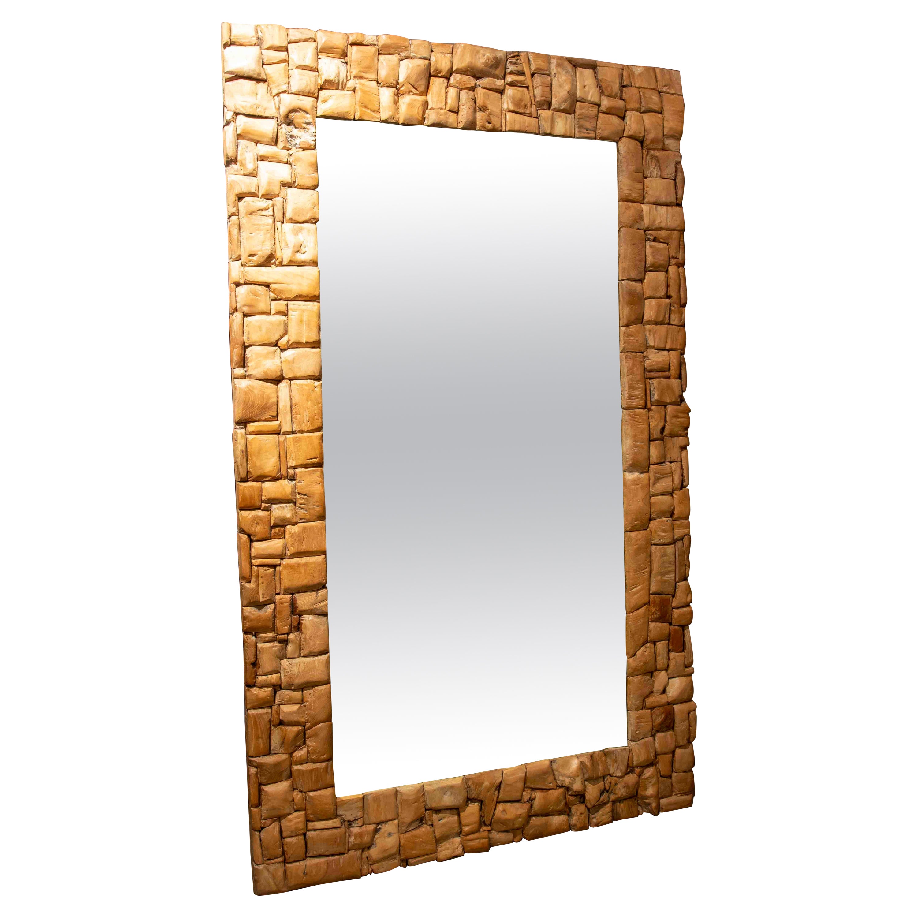 Wall Mirror Made of Wooden Pieces in Puzzle Style For Sale