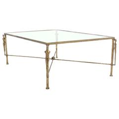 Large Rectangle  Solid Bronze Figural Base Glass-Top Coffee Table