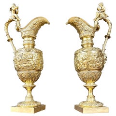 Pair of Ewers in Gilt Bronze with Bunches of Vines, Grapes, Napoleon III Period