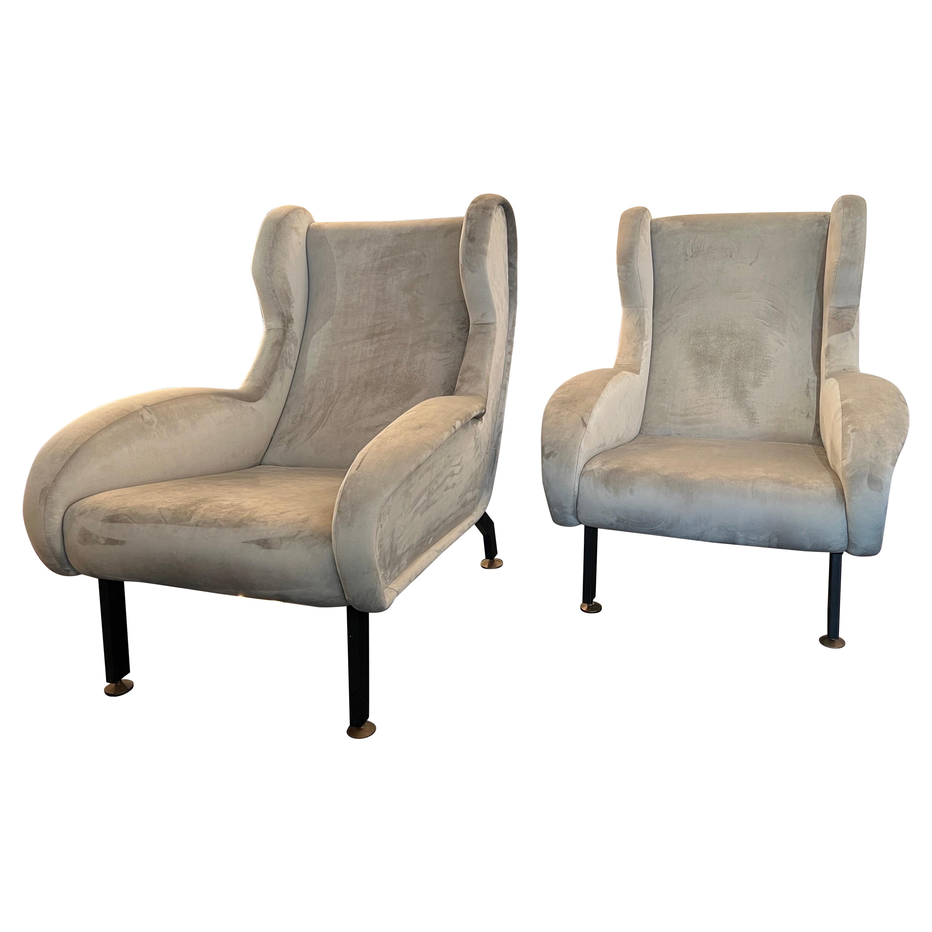 Pair of 1950s Italian Lounge Chairs in Stone Grey Velvet For Sale