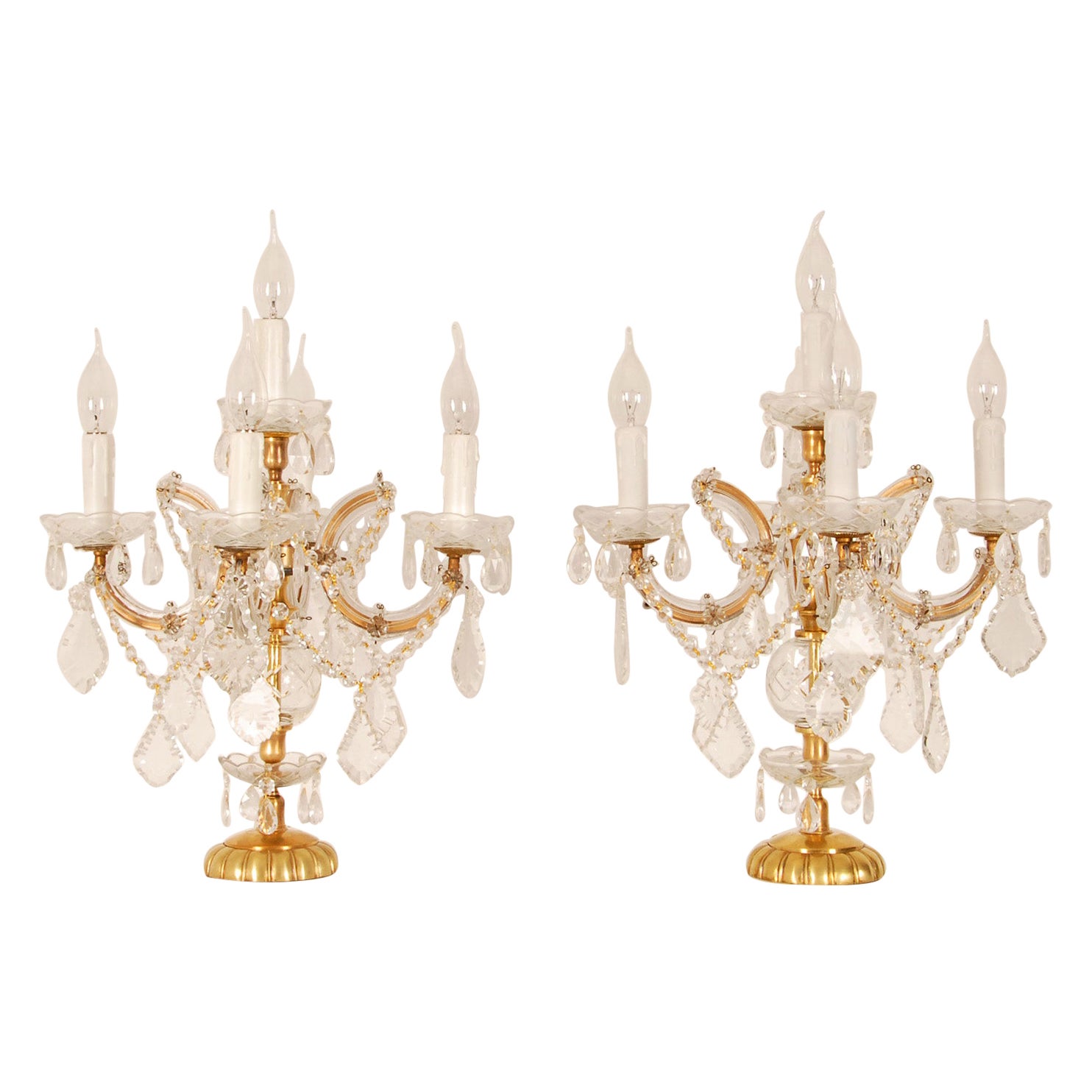 Lampes vintage en cristal Marie Therese Lampes de table en cristal en laiton doré une paire en vente