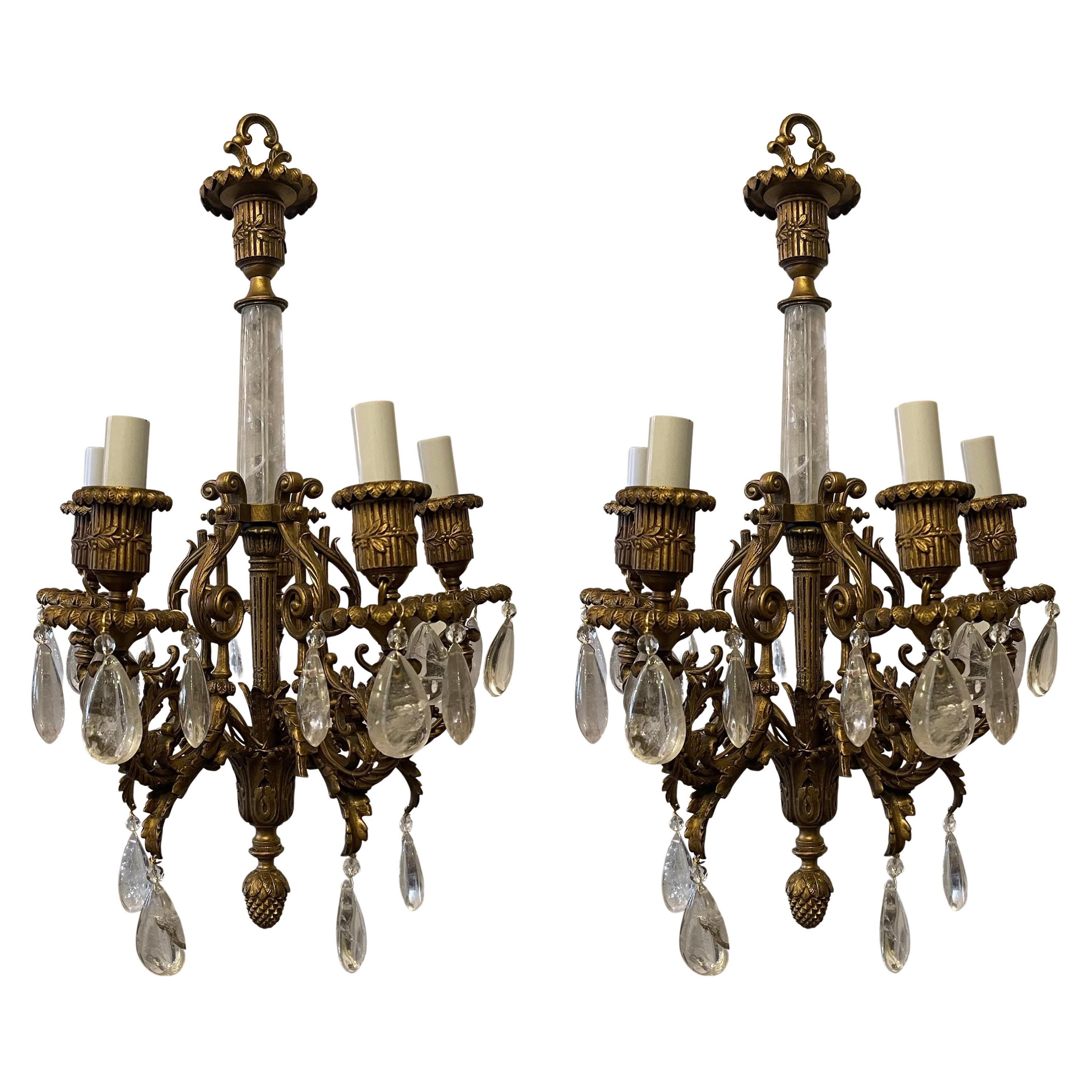 Wonderful Pair French Louis XVI Bronze Rock Crystal Petite Five-Arm Chandeliers