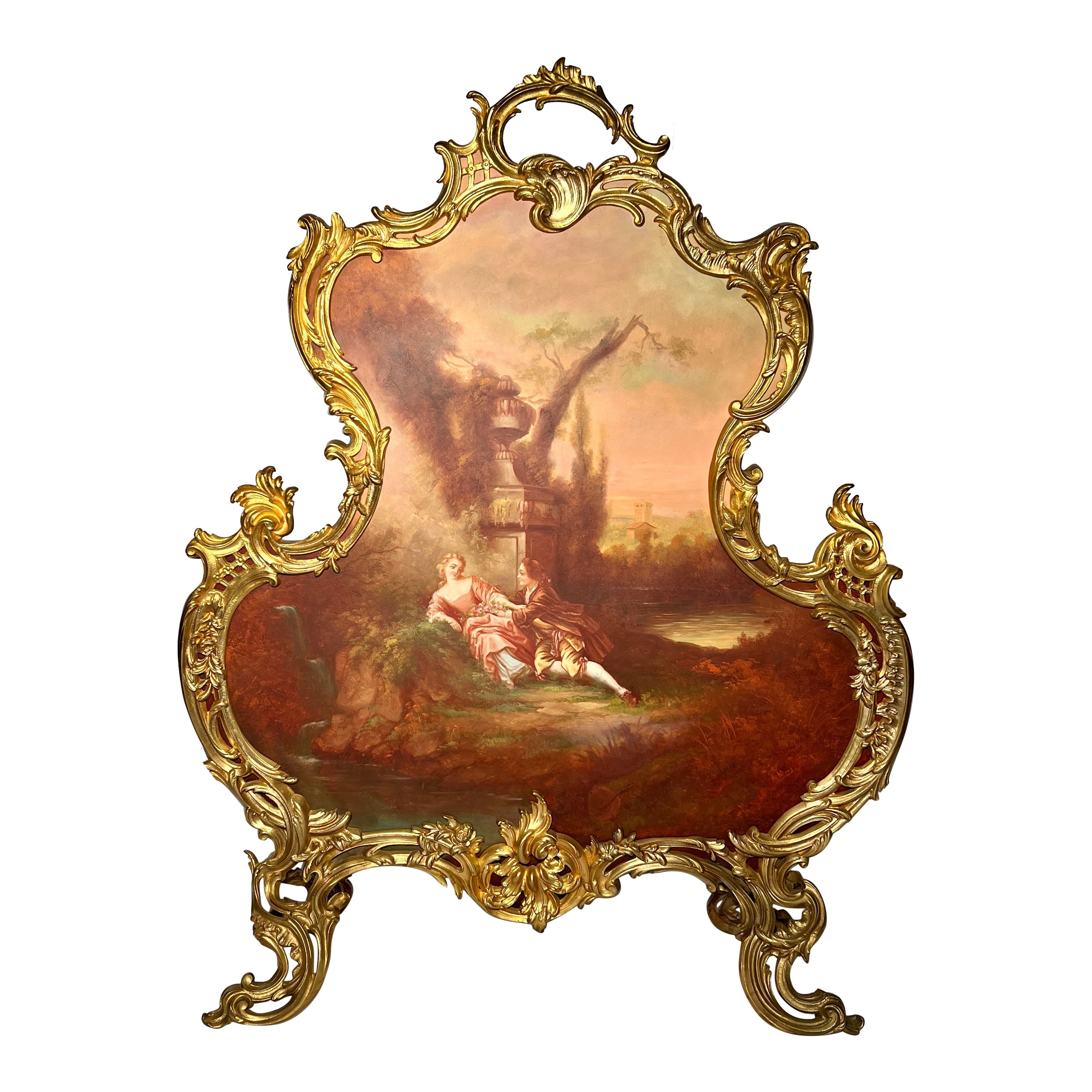 Antique French Louis XV Bronze D'ore Firescreen with Hand Painting, circa 1870 For Sale